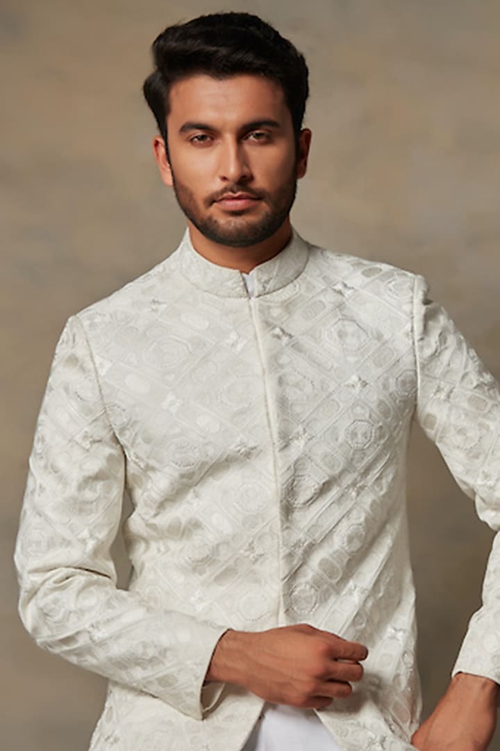 White Polyester Embroidered Wedding Bandhgala Set by Gargee Designers at Pernia's Pop Up Shop