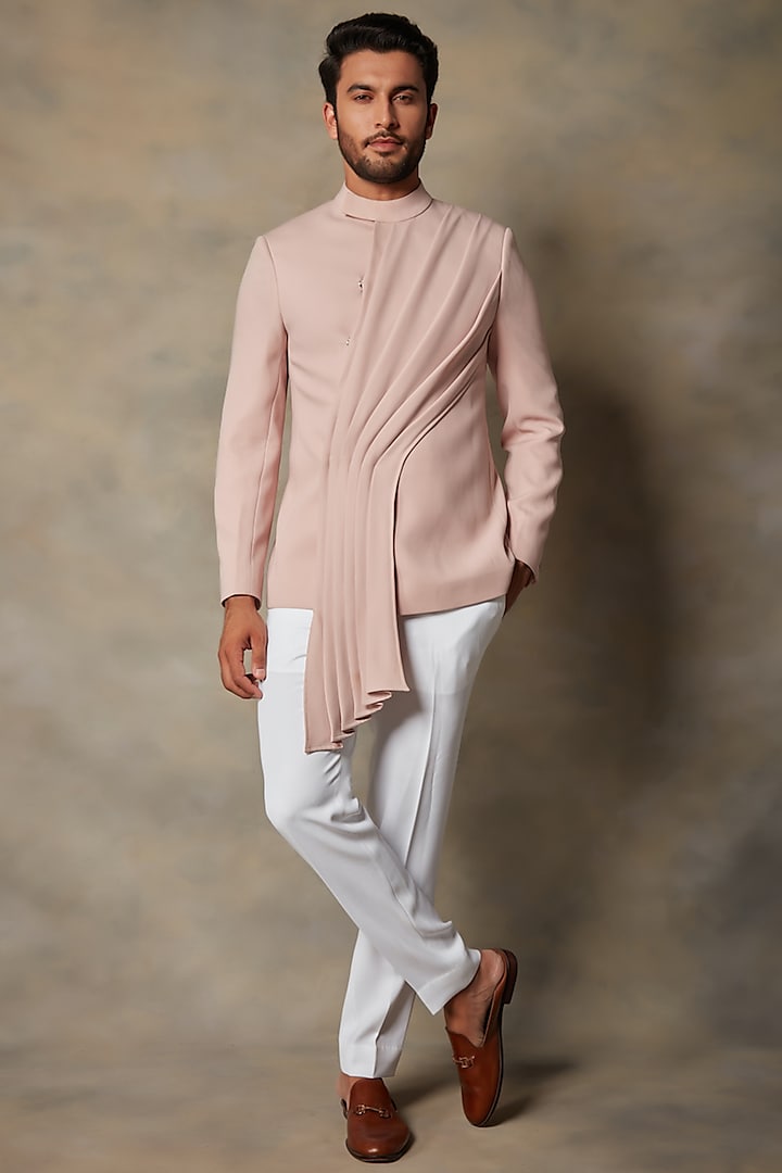Blush Pink Polyester Jacket Set by Gargee Designers
