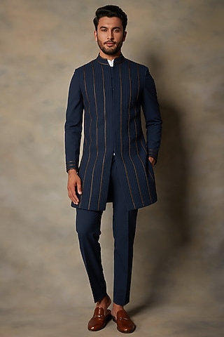 Navy Blue Polyester Embellished Indo Western Set by Gargee Designers