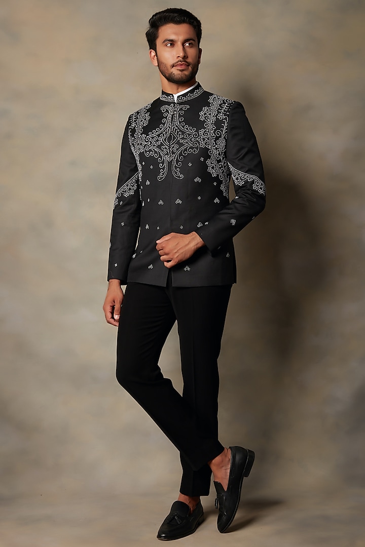 Black Embroidered Bandhgala Set by Gargee Designers