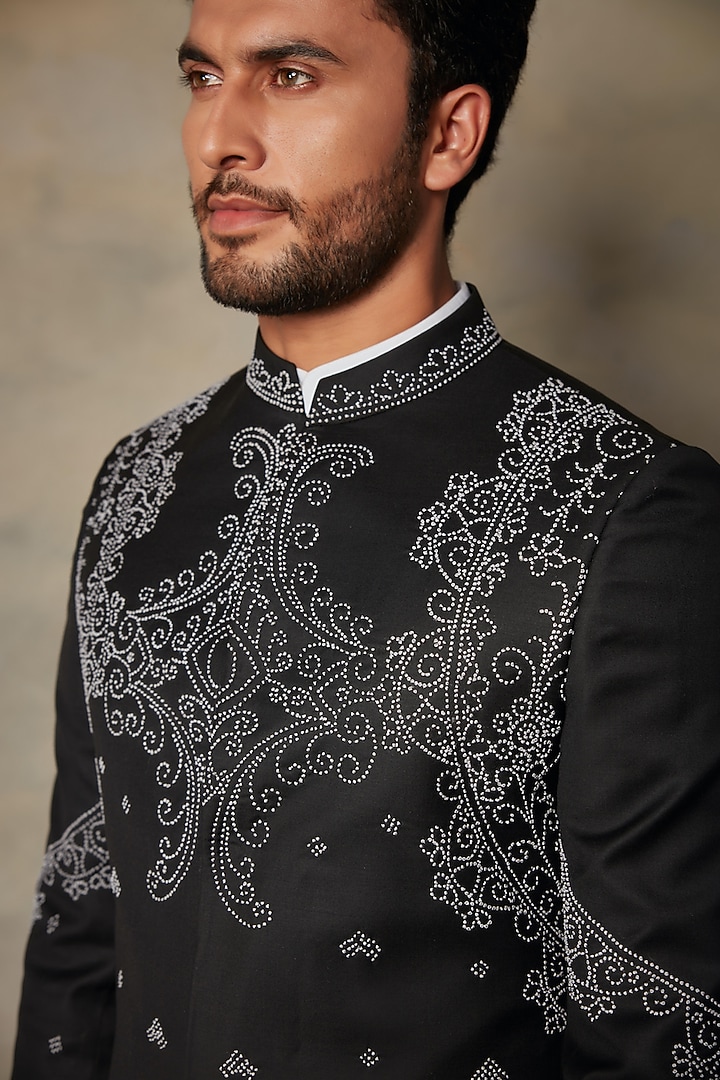 Black Embroidered Wedding Bandhgala Set by Gargee Designers at Pernia's Pop Up Shop