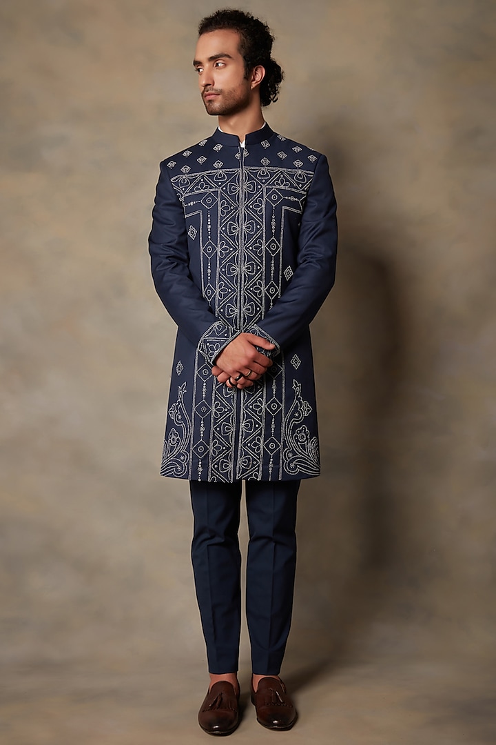 Navy Blue Embroidered Indo Western Set by Gargee Designers