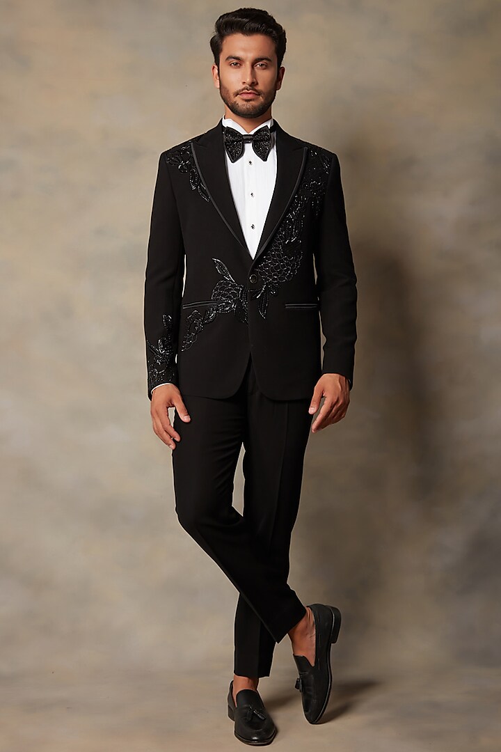 Black Embroidered Tuxedo Set by Gargee Designers