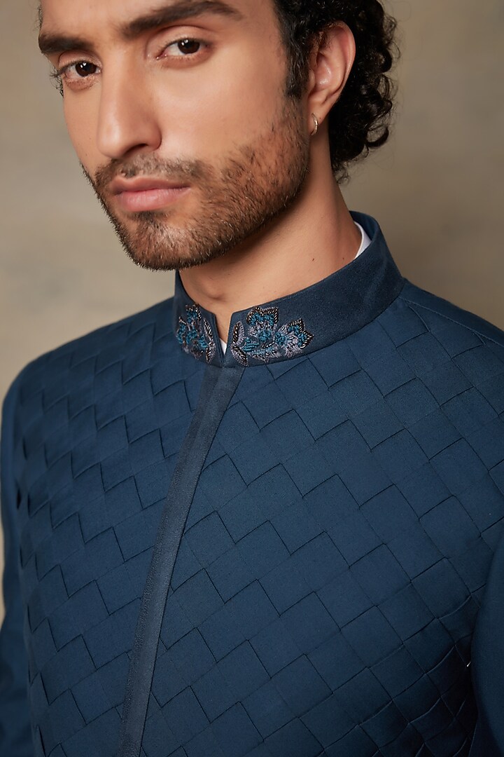 Navy Blue Embroidered Wedding Bandhgala Set by Gargee Designers at Pernia's Pop Up Shop