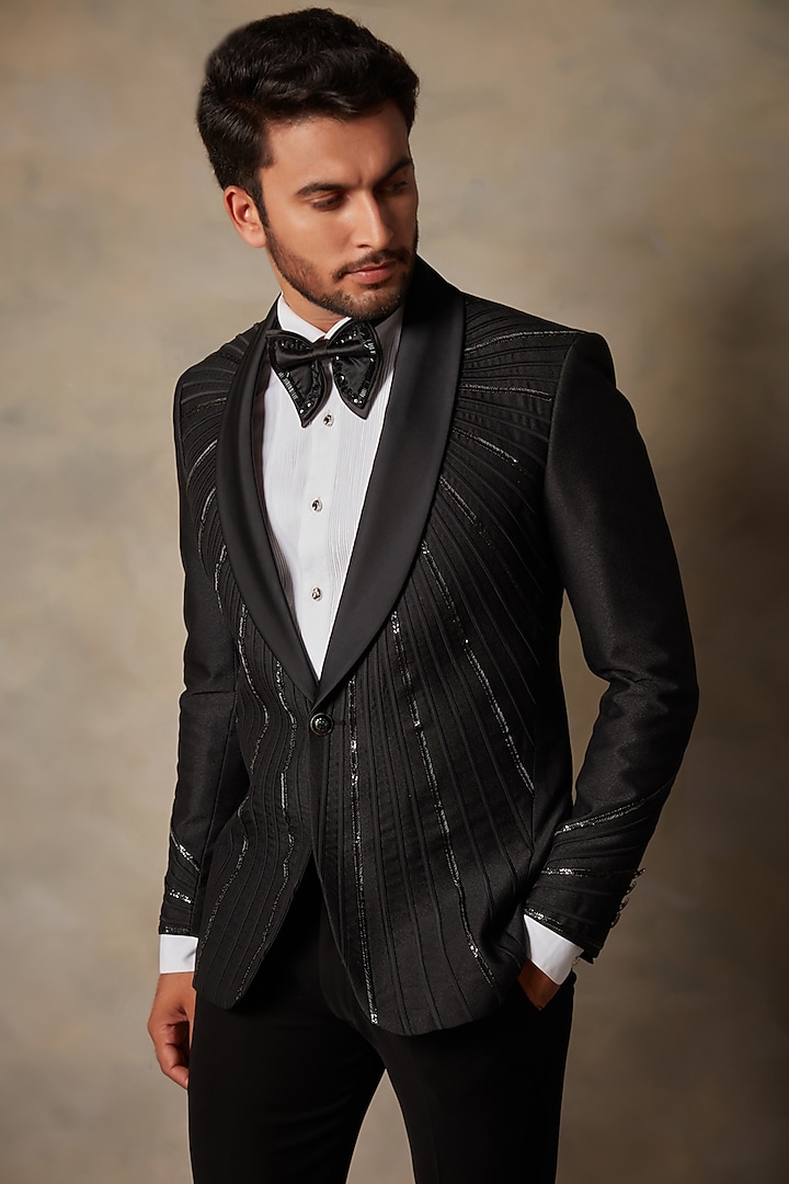 Black Polyester Embellished Viscose Tuxedo Set by Gargee Designers at Pernia's Pop Up Shop