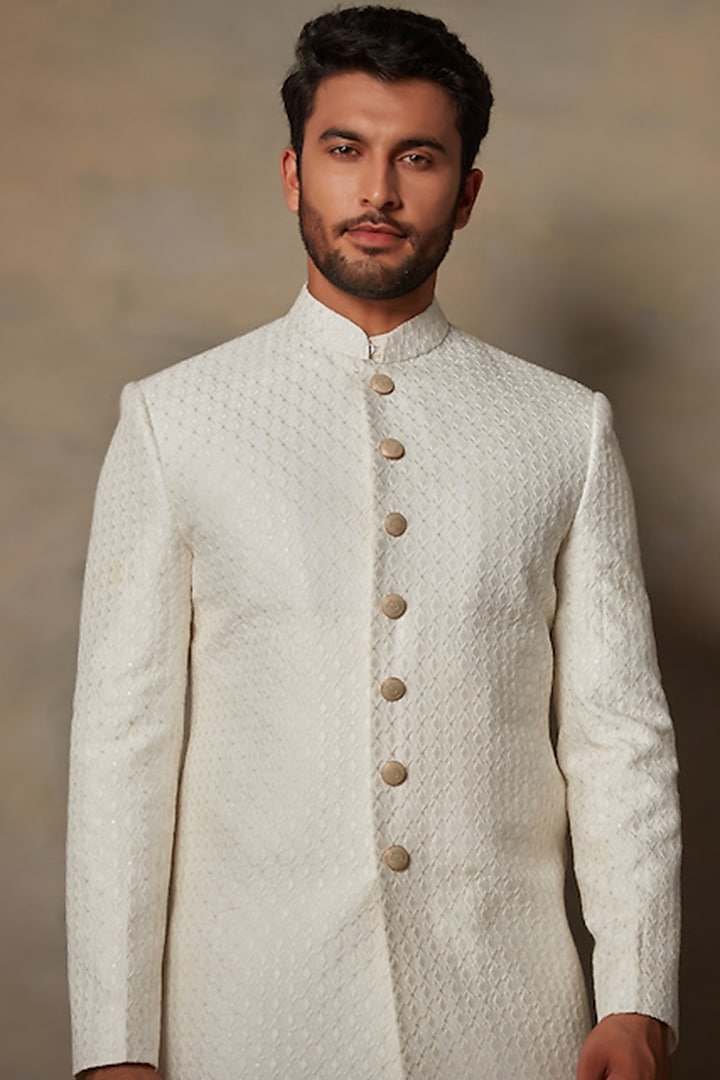 White Cotton Embroidered Wedding Sherwani Set by Gargee Designers at Pernia's Pop Up Shop