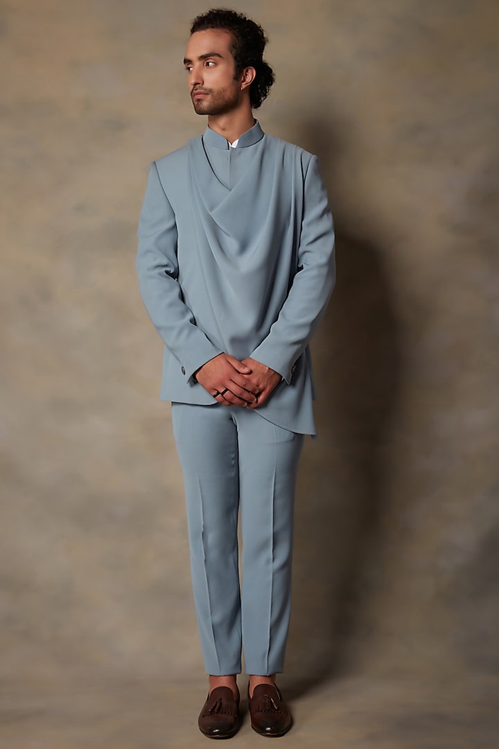 Blue Polyester Viscose Draped Jacket Set by Gargee Designers