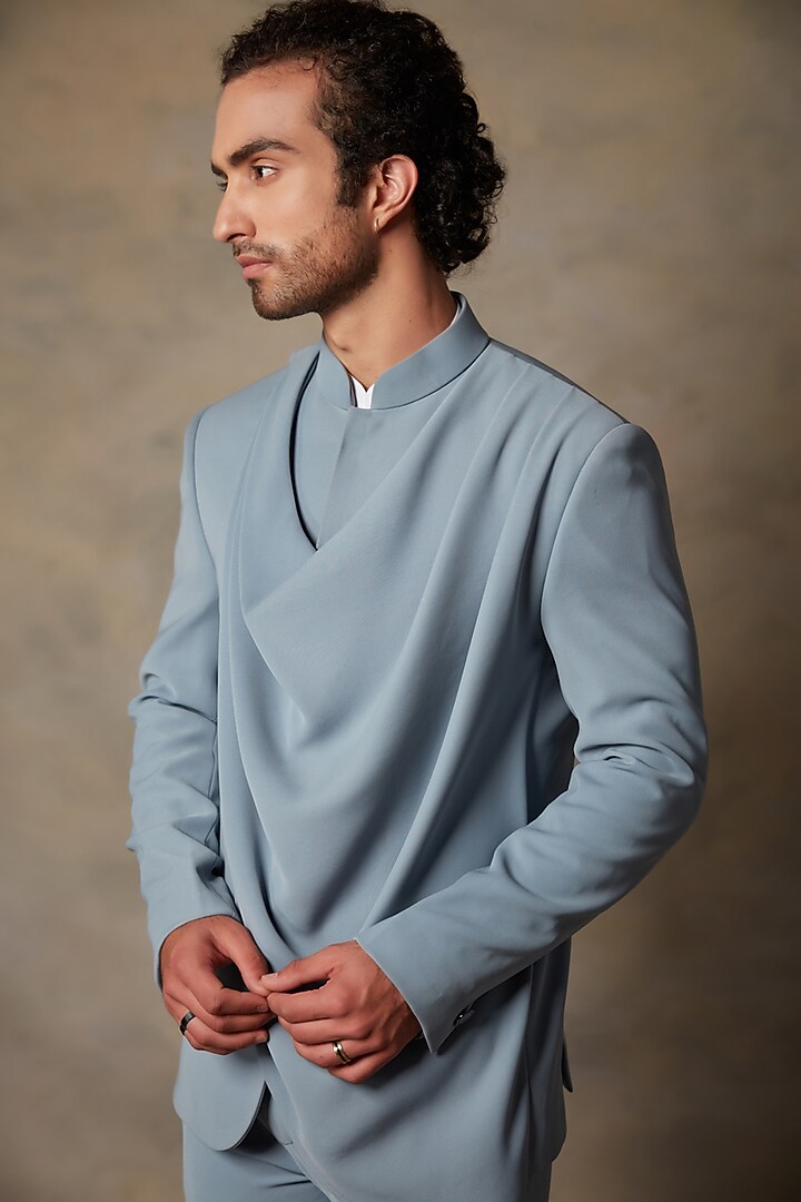 Blue Polyester Viscose Draped Jacket Set by Gargee Designers at Pernia's Pop Up Shop
