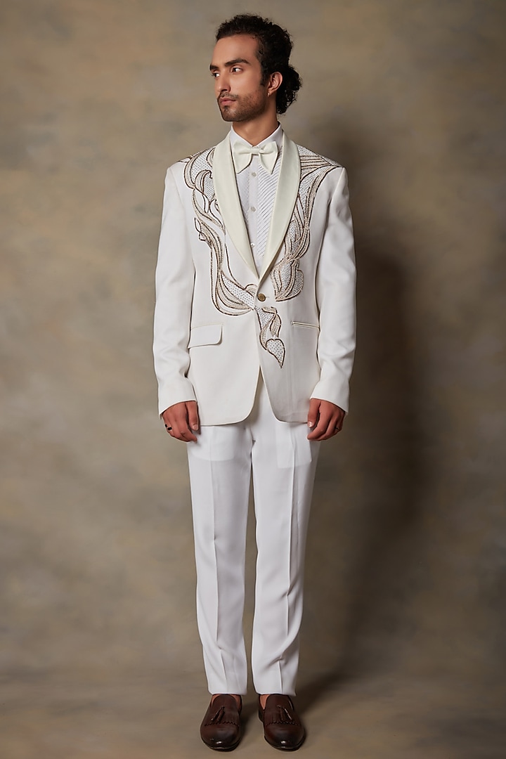 Ivory Embroidered Tuxedo Set by Gargee Designers