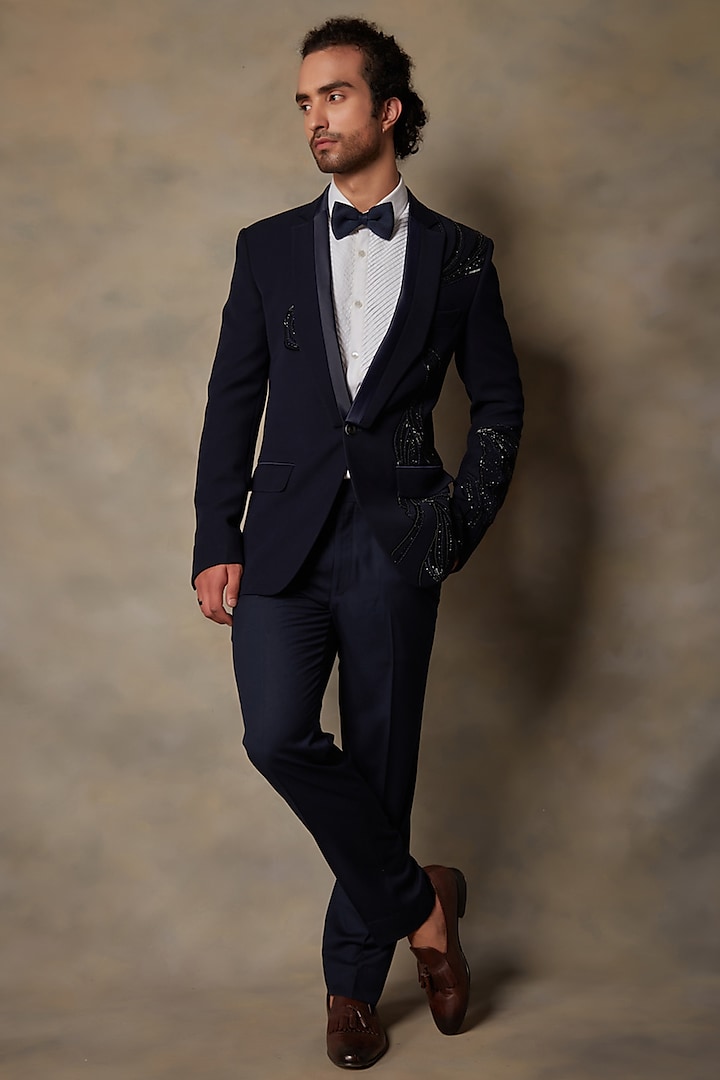 Navy Blue Polyester Embroidered Tuxedo Set by Gargee Designers