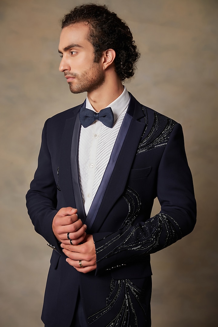 Navy Blue Polyester Embroidered Tuxedo Set by Gargee Designers at Pernia's Pop Up Shop