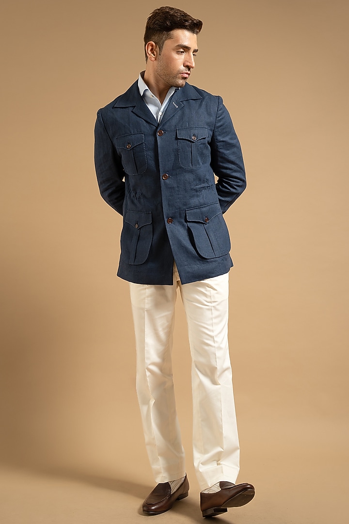 Blue Linen Shacket by Gargee Designers at Pernia's Pop Up Shop