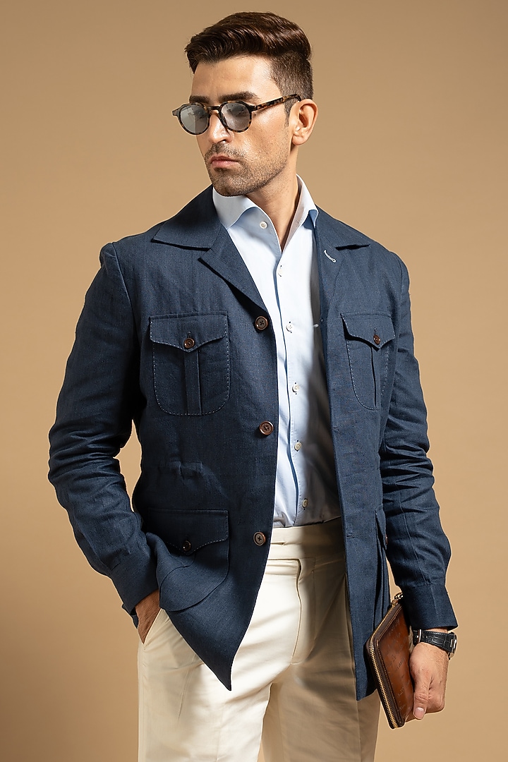Blue Linen Shacket by Gargee Designers at Pernia's Pop Up Shop