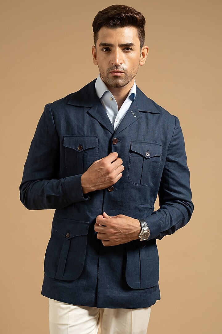 Blue Linen Shacket by Gargee Designers at Pernia's Pop Up Shop