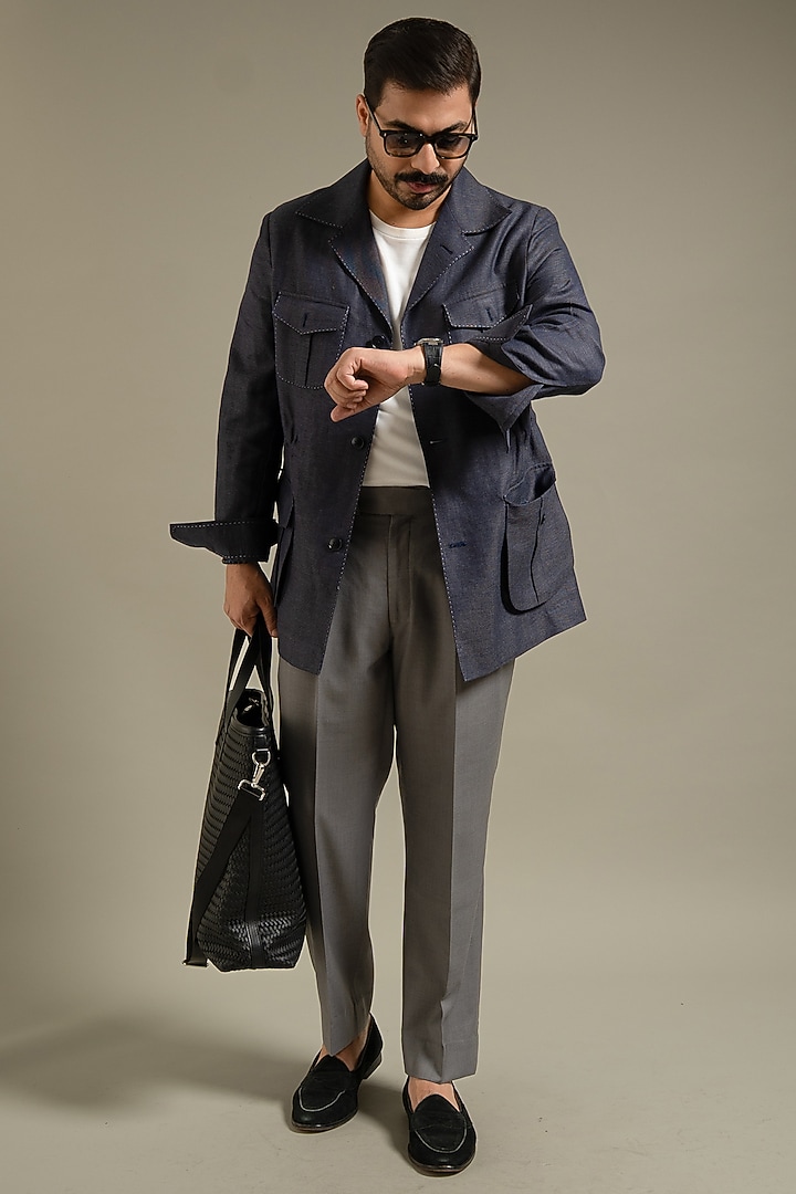 Bluish Grey Linen Shacket by Gargee Designers at Pernia's Pop Up Shop