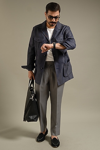Bluish Grey Linen Shacket by Gargee Designers