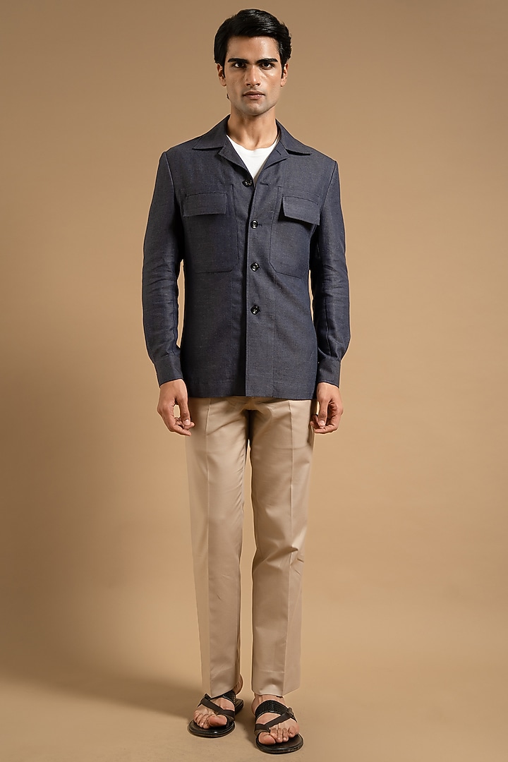 Midnight Blue Linen Shacket by Gargee Designers at Pernia's Pop Up Shop