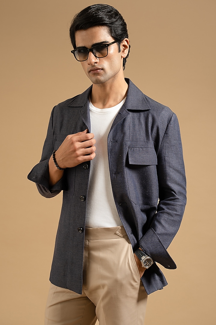 Midnight Blue Linen Shacket by Gargee Designers at Pernia's Pop Up Shop