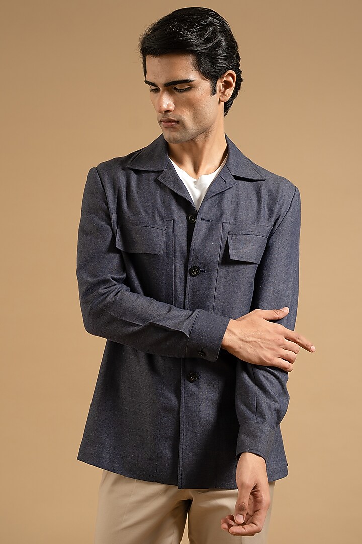 Midnight Blue Linen Shacket by Gargee Designers at Pernia's Pop Up Shop