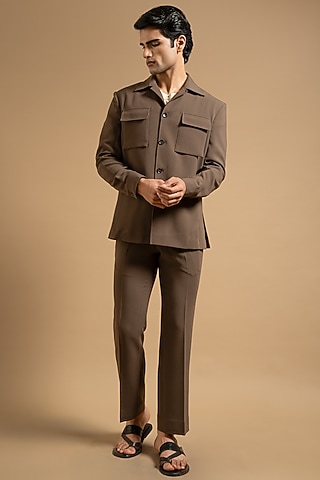 Brown Polyester Blend Shacket by Gargee Designers