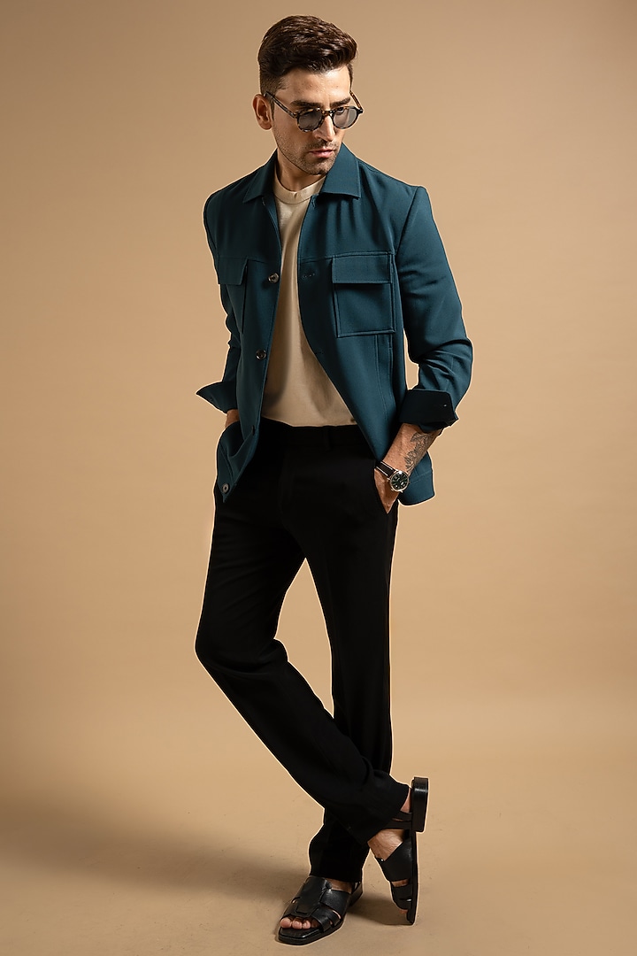 Teal Polyester Blend Shacket by Gargee Designers at Pernia's Pop Up Shop