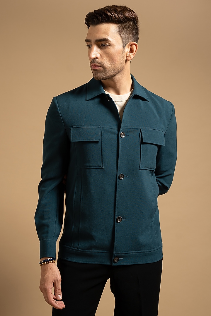 Teal Polyester Blend Shacket by Gargee Designers at Pernia's Pop Up Shop