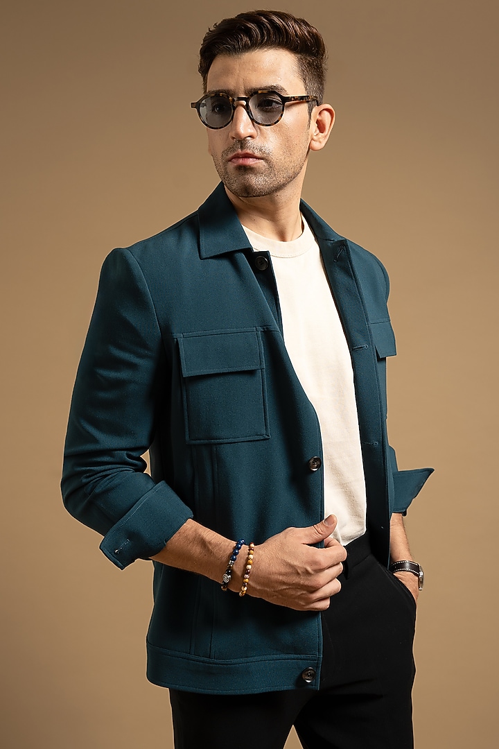 Teal Polyester Blend Shacket by Gargee Designers at Pernia's Pop Up Shop