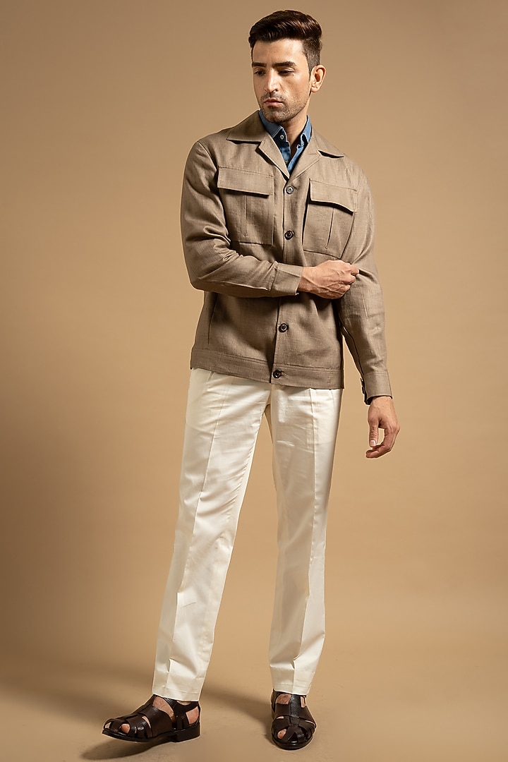 Sand Beige Linen Shacket by Gargee Designers at Pernia's Pop Up Shop