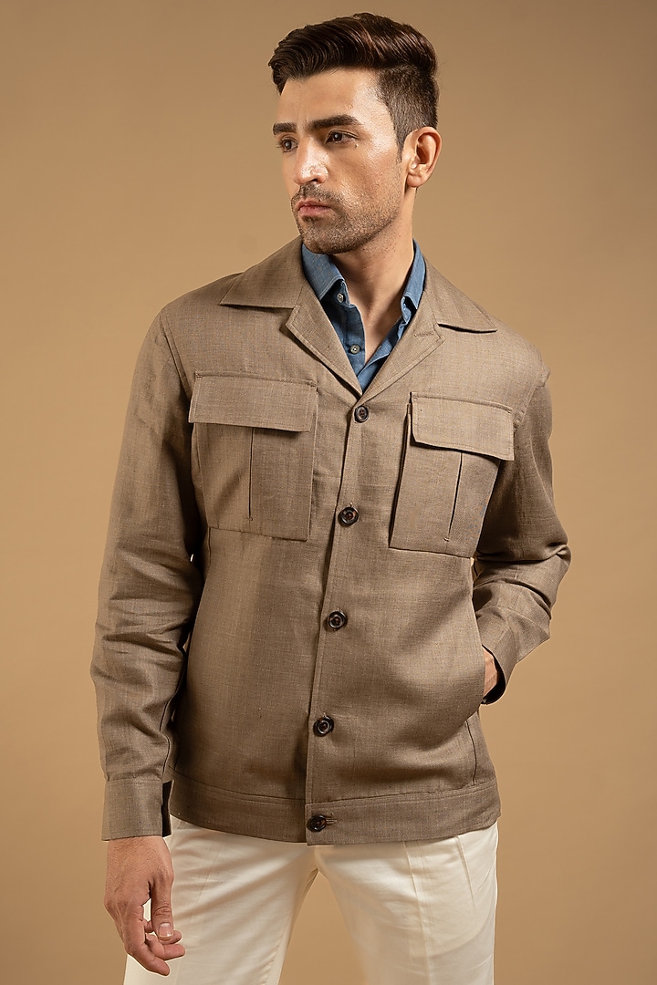 Sand Beige Linen Shacket by Gargee Designers at Pernia's Pop Up Shop