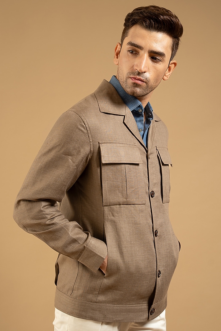Sand Beige Linen Shacket by Gargee Designers at Pernia's Pop Up Shop