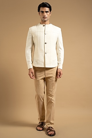 Ivory Cotton Blend Bandhgala by Gargee Designers