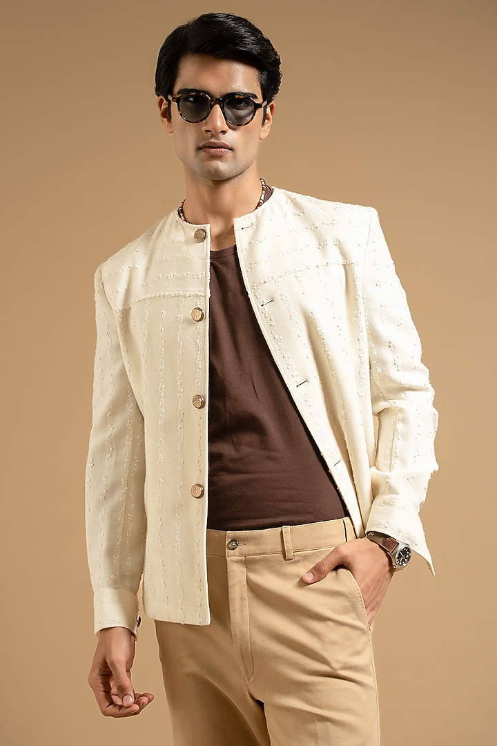 Ivory Cotton Blend Bandhgala by Gargee Designers at Pernia's Pop Up Shop