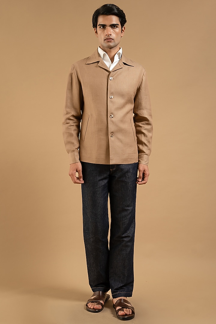 Beige Linen Bandhgala by Gargee Designers at Pernia's Pop Up Shop