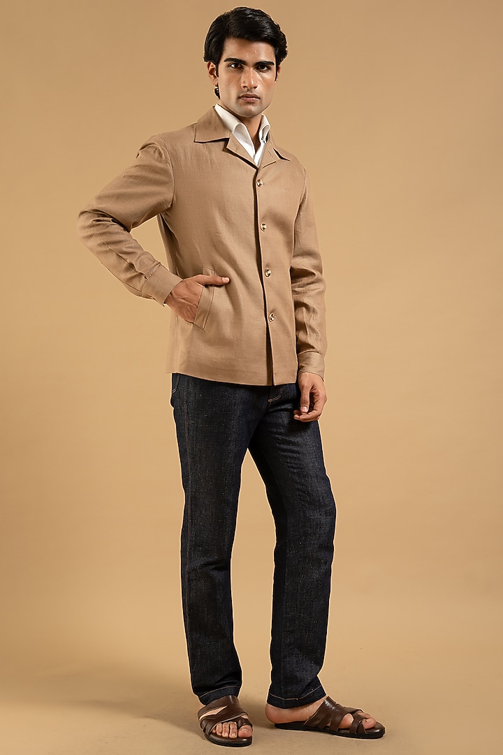 Beige Linen Bandhgala by Gargee Designers at Pernia's Pop Up Shop
