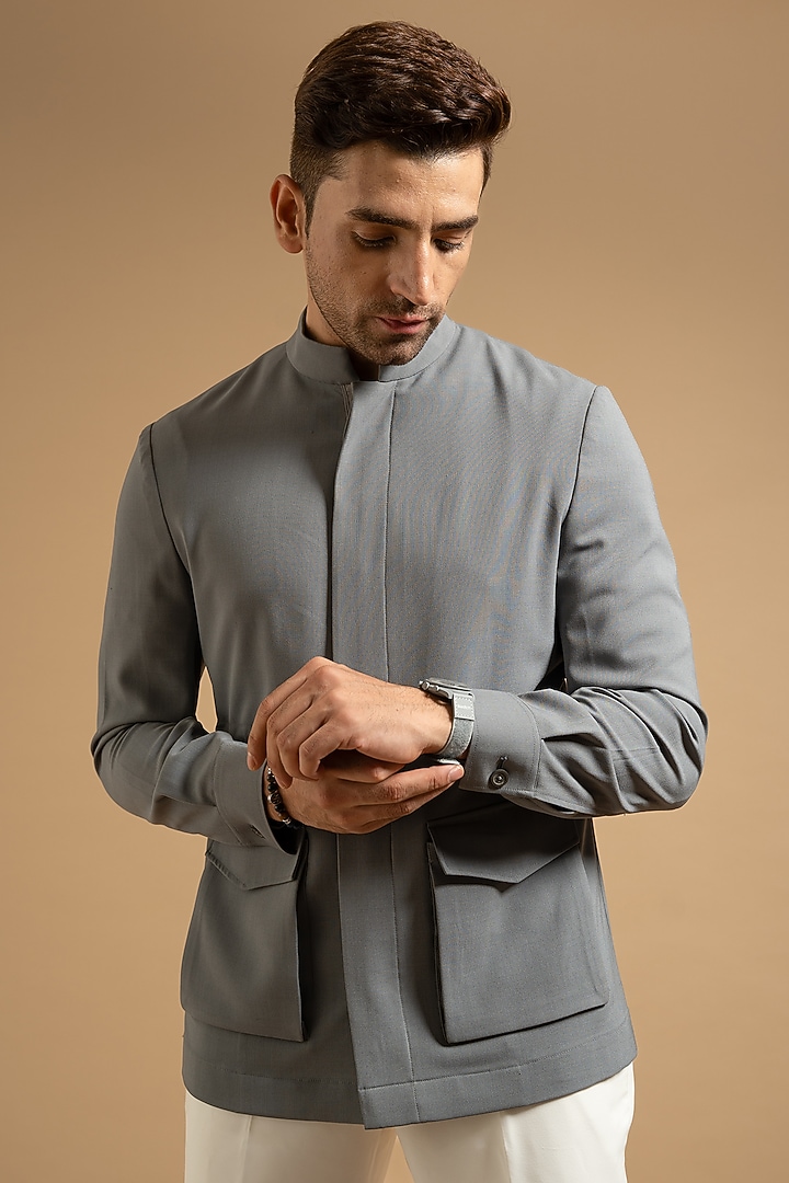 Grey Linen Shacket by Gargee Designers at Pernia's Pop Up Shop