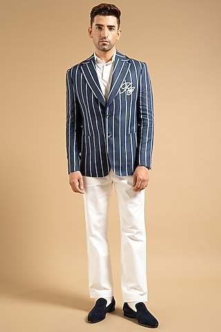 Navy Blue Linen Blazer by Gargee Designers