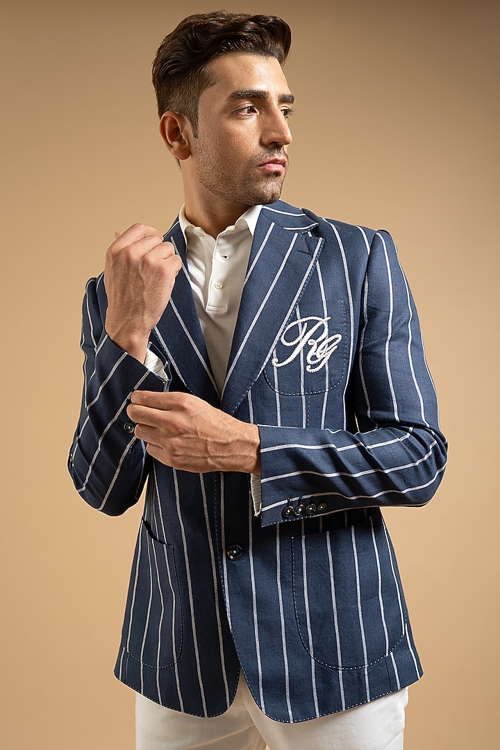 Navy Blue Linen Blazer by Gargee Designers at Pernia's Pop Up Shop
