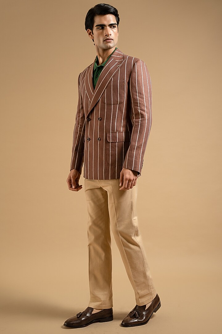 Brown Linen Striped Blazer by Gargee Designers at Pernia's Pop Up Shop