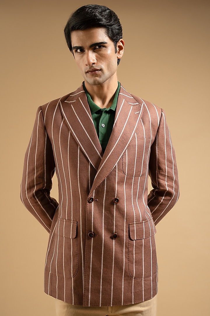 Brown Linen Striped Blazer by Gargee Designers at Pernia's Pop Up Shop
