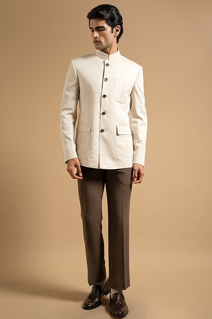 Off-White Cotton Linen Blend Bandhgala by Gargee Designers at Pernia's Pop Up Shop