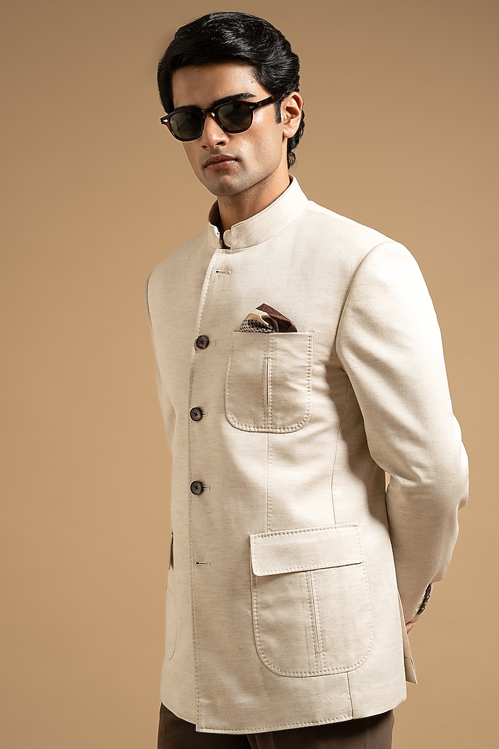 Off-White Cotton Linen Blend Bandhgala by Gargee Designers at Pernia's Pop Up Shop