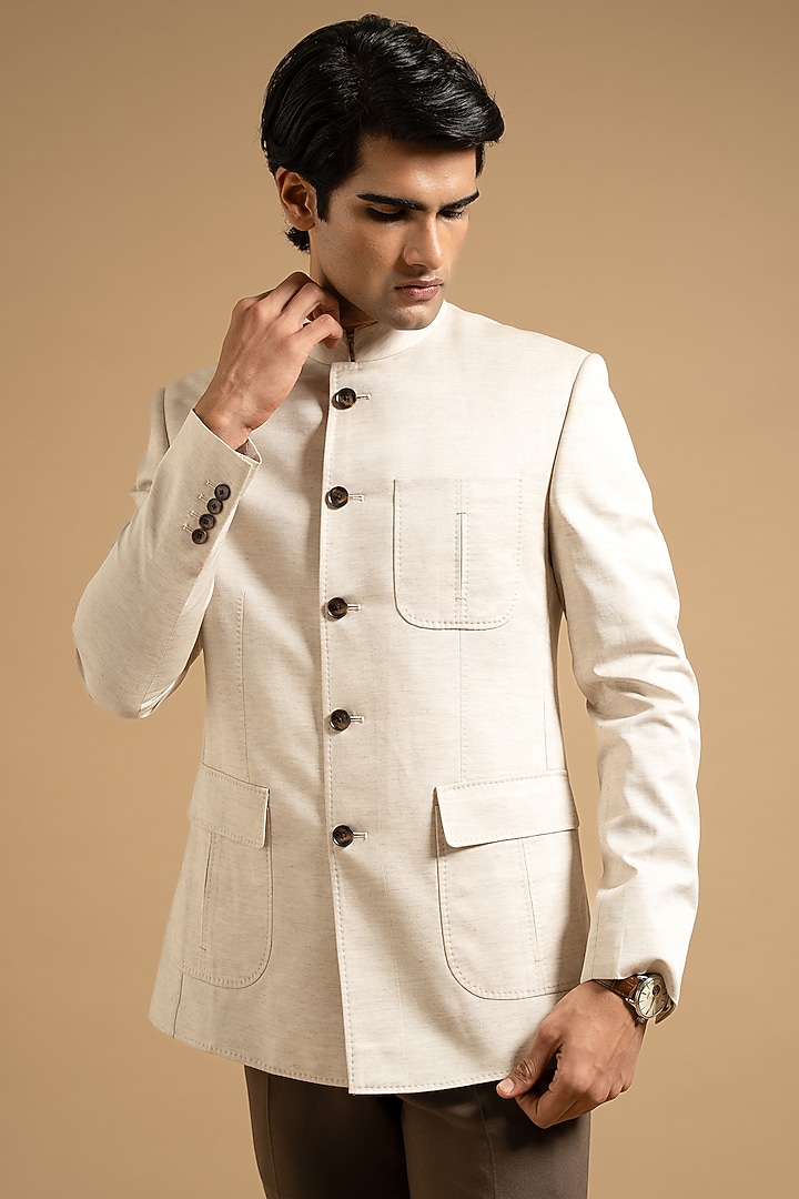 Off-White Cotton Linen Blend Bandhgala by Gargee Designers at Pernia's Pop Up Shop