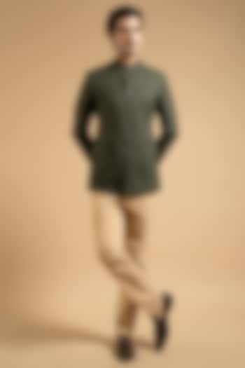 Olive Green Cotton Linen Blend Bandhgala by Gargee Designers at Pernia's Pop Up Shop