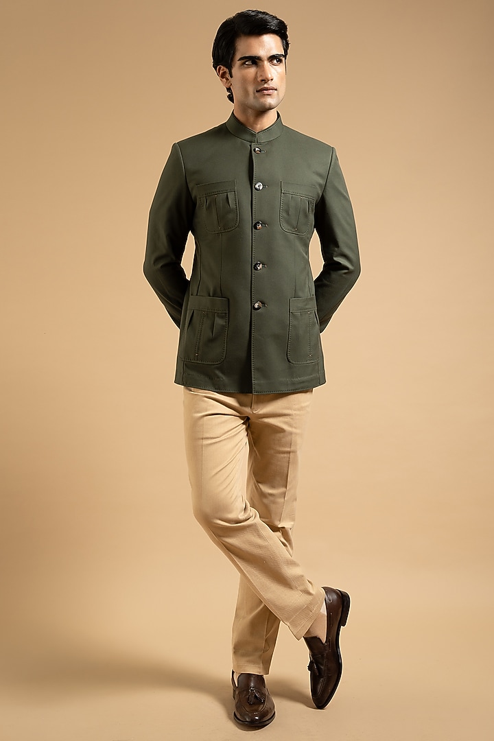 Olive Green Cotton Linen Blend Bandhgala by Gargee Designers at Pernia's Pop Up Shop