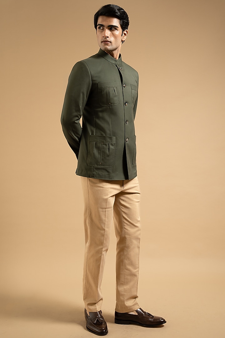 Olive Green Cotton Linen Blend Bandhgala by Gargee Designers at Pernia's Pop Up Shop