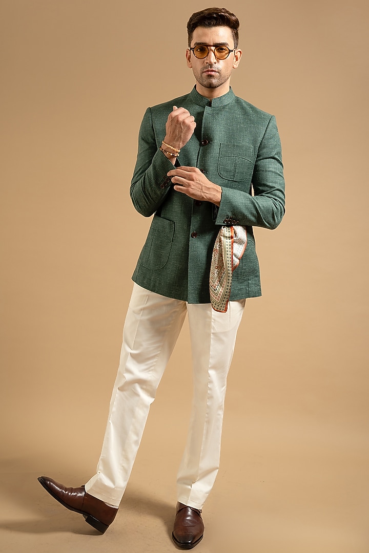 Dark Green Cotton Linen Blend Bandhgala by Gargee Designers at Pernia's Pop Up Shop