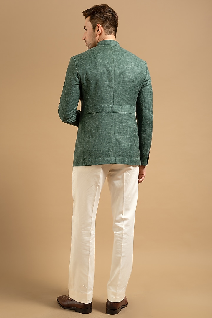 Dark Green Cotton Linen Blend Bandhgala by Gargee Designers at Pernia's Pop Up Shop