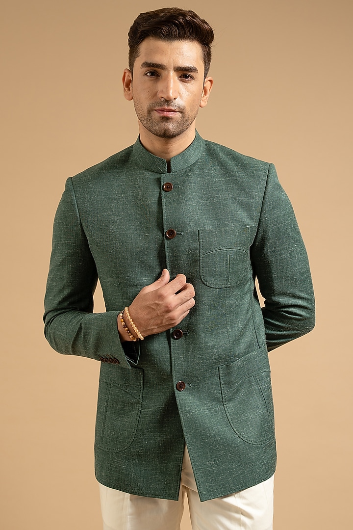 Dark Green Cotton Linen Blend Bandhgala by Gargee Designers at Pernia's Pop Up Shop