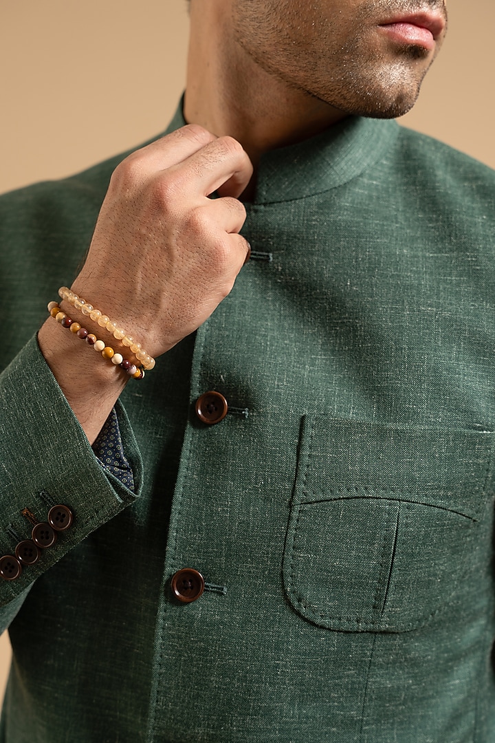 Dark Green Cotton Linen Blend Bandhgala by Gargee Designers at Pernia's Pop Up Shop