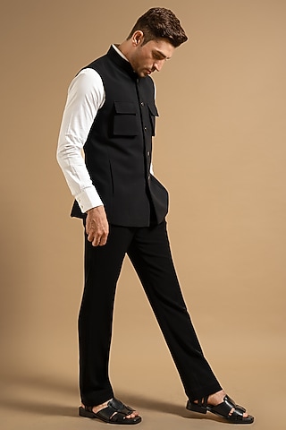 Black Polyester Blend Vest by Gargee Designers
